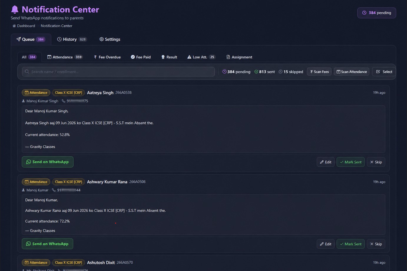 Eduvora360 Notification Center screenshot